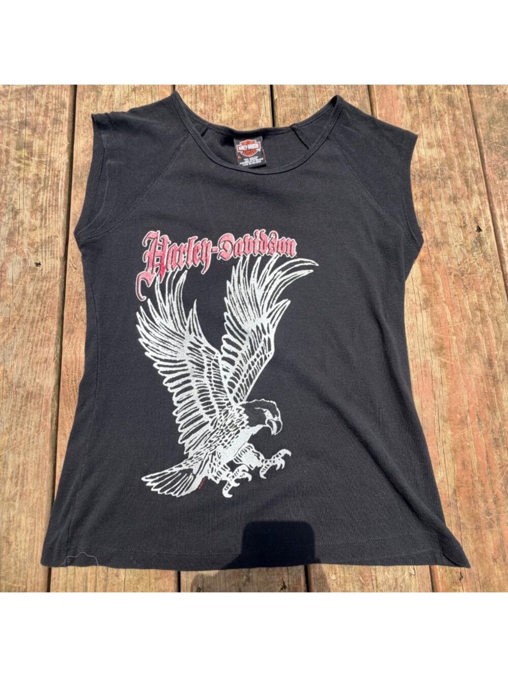 Y2K Harley-Davidson Womens Black Sleeveless T-Shirt Eagle Graphic
